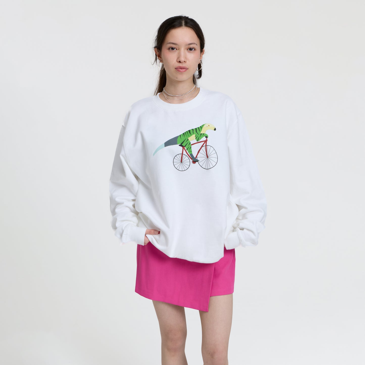 A Dinosaur Riding a Bicycle Sweatshirt